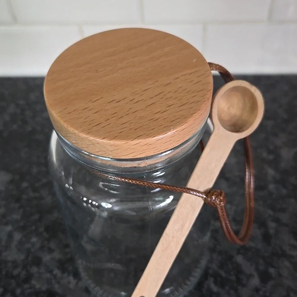 Target Brand Glass Bath Salt Jar with Wood Lid & attached Wooden Spoon